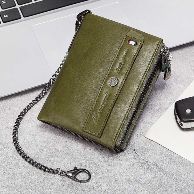 Mens Wallet with Chain Leather Bifold Wallet with Double Zipper Pocket