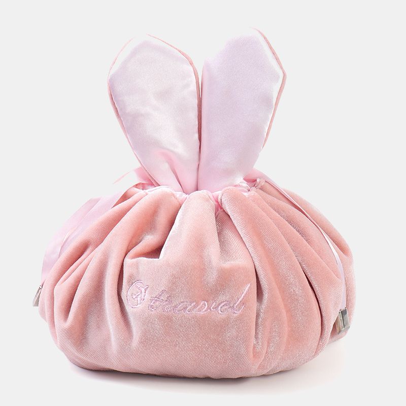 Cute Bunny Ear Drawstring Makeup Bag Embroidery Velvet Storage Bag