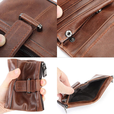 Multi-Slot Genuine Leather RFID Blocking Bifold Wallet with 2 Zip Coin Purse