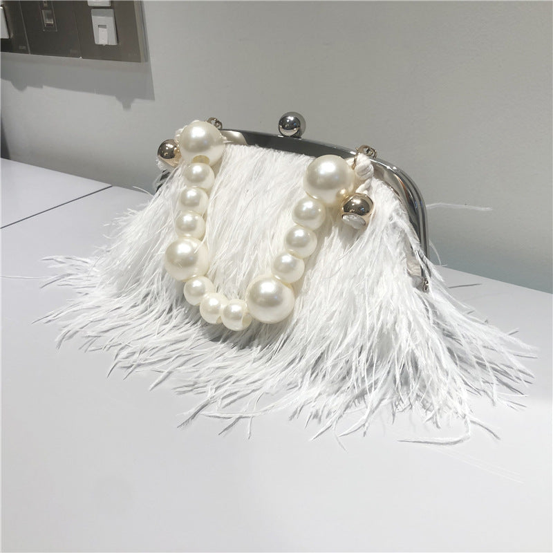 Pearl Chain Crossbody Bag For Women Ostrich Fur Handbag