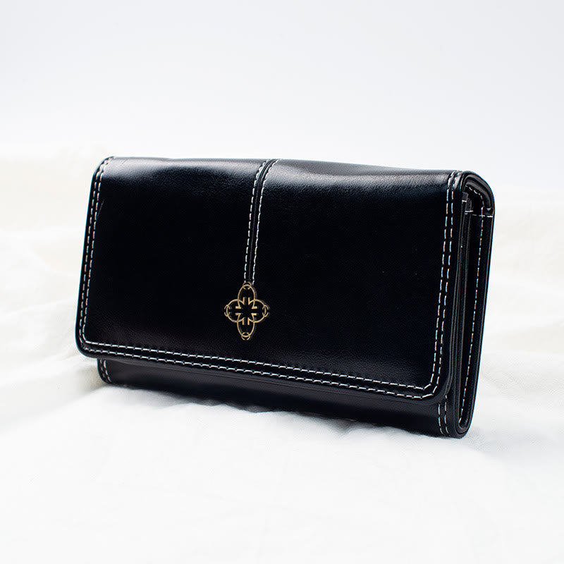 Elegant Retro Long Purse Wax Leather Card Holder For Women