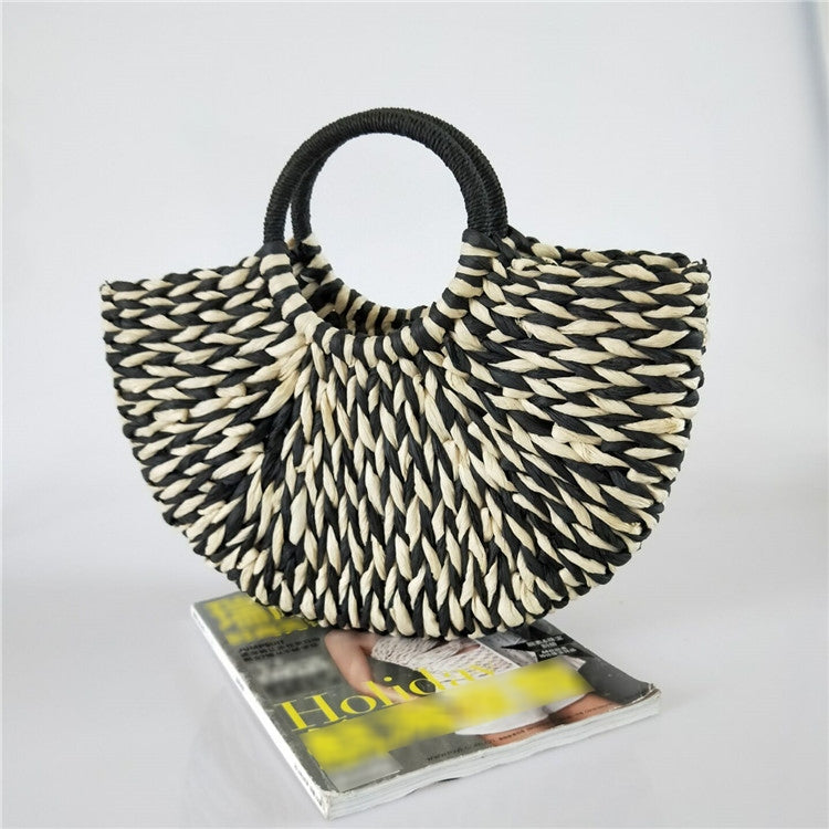 Half Round Straw Bag Elegant Rattan Bucket Handbag For Women