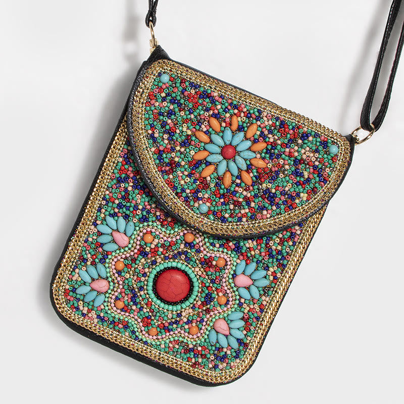 Bohemian Phone Bag Women Shell Flowers Pattern Magnetic Crossbody Bag