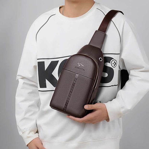 Sling Bag for Men Black Leather Casual Shopping Shoulder Bag