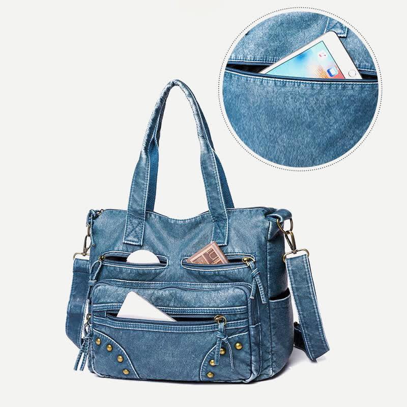 Denim Color Tote Handbags Big Capacity Faux Leather Shoulder Purse