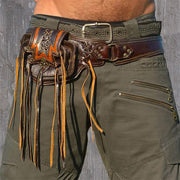 Large Leather Utility 2-Pouch Handmade Practical Tassel Waist Fanny Pack Belt Bag