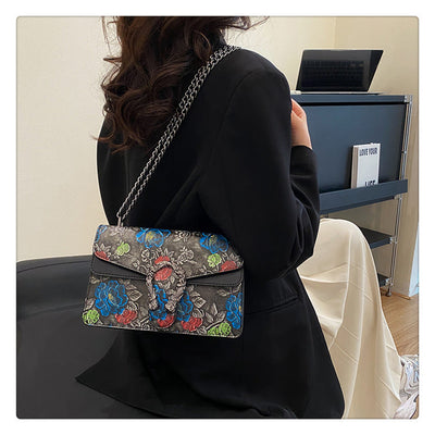 Clamshell Underarm Bag Women Floral Vegan Leather Crossbody Chain Bag