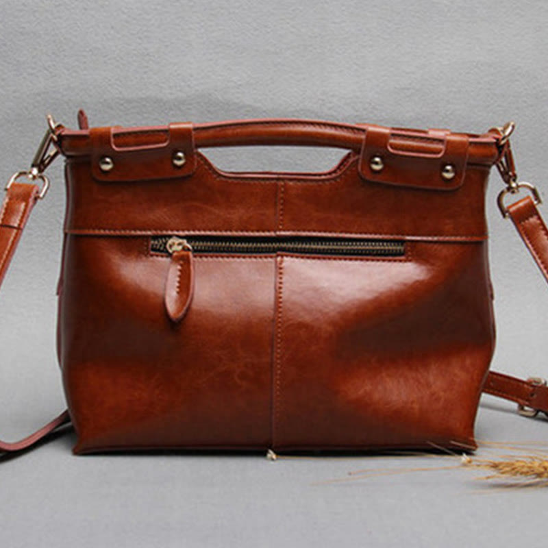 Top-Handle Bag For Women Riveted Cowhide Leather Crossbody Tote Bag