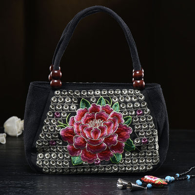 Flower Embroideried Small Canvas Handbag For Women Ethnic Tote