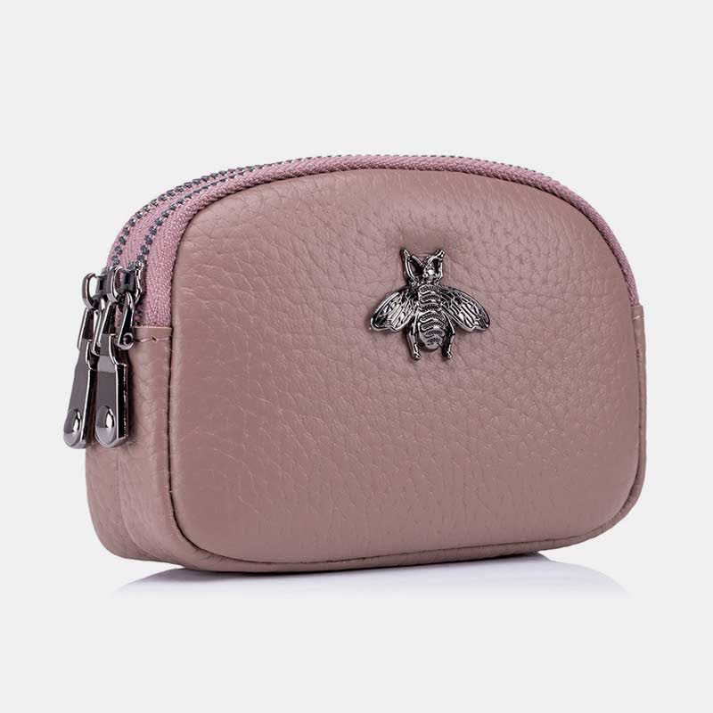 Women Genuine Leather Double Zipper Small Wallet Change Coin Purse