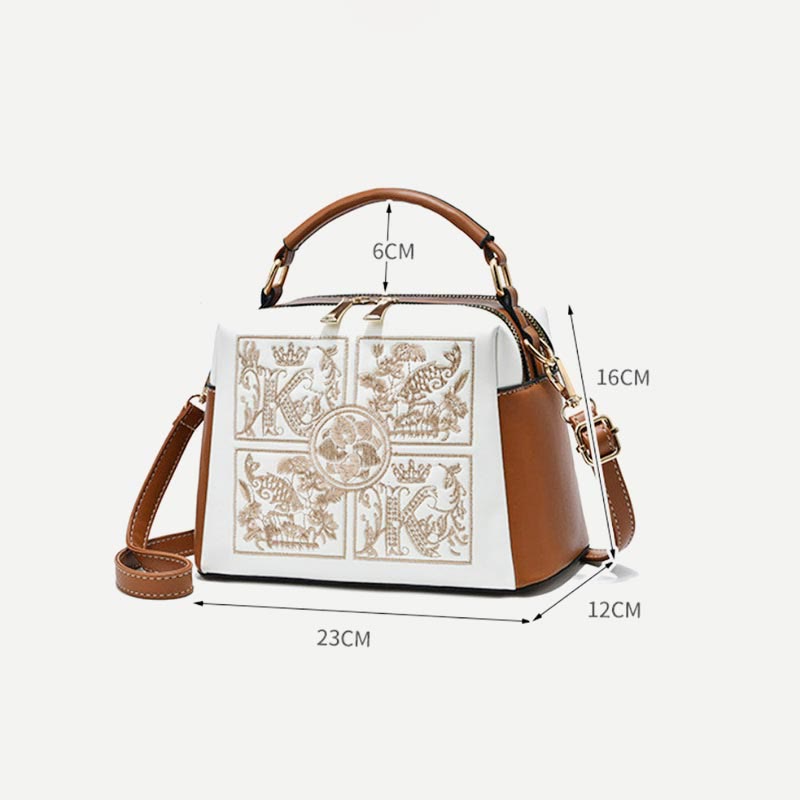 Top-Handle Bag For Women Embroidered Leather Portable Crossbody Shoulder Bag