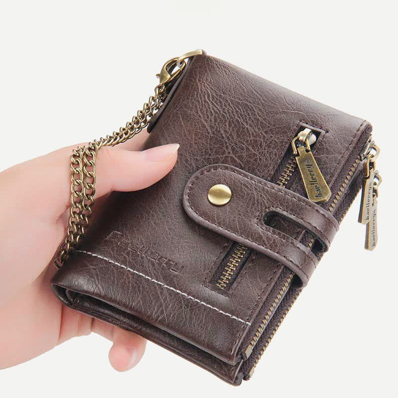 Trifold Leather Wallet for Men Coin Purse Snap Zip Wallet with Chain