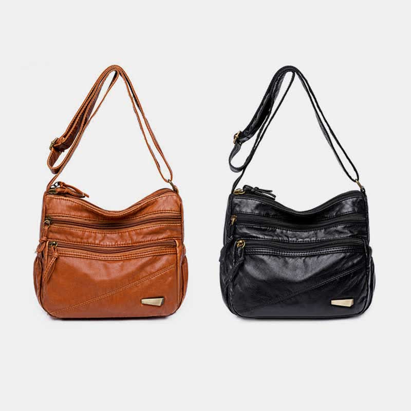 Double Compartment Soft Leather Crossbody Bag Retro Handbag for Women