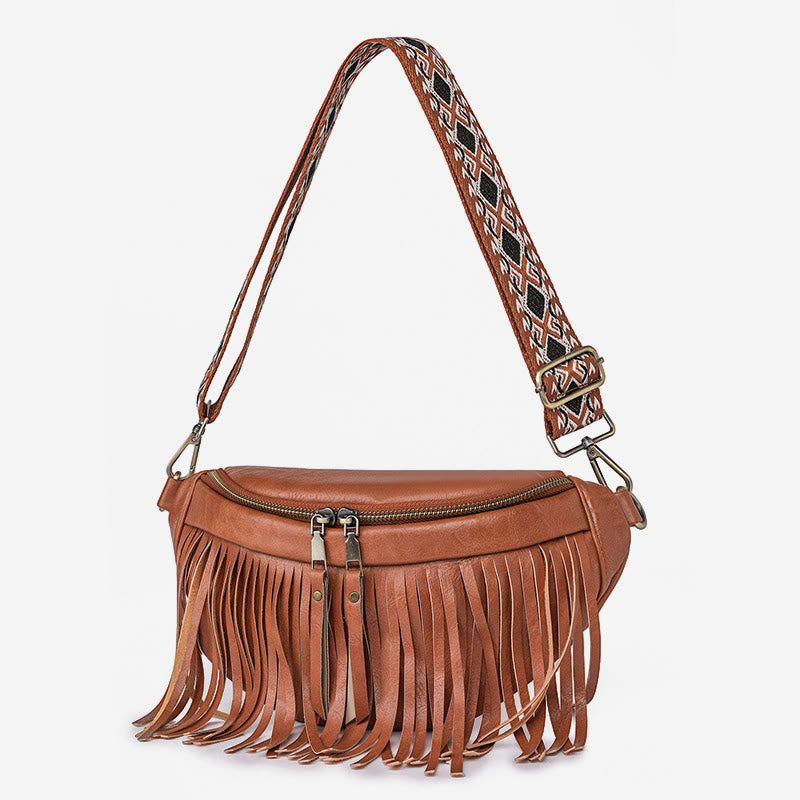 Faux Leather Tassel Waist Bag Chest Bag For Women