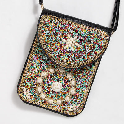 Bohemian Phone Bag Women Shell Flowers Pattern Magnetic Crossbody Bag