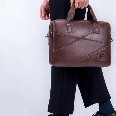 Briefcase For Men Business Solid Color Genuine Leather Crossbody Bag