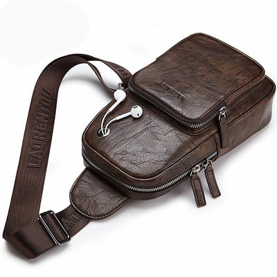 Men's Leather Sling Bag Chest Bag One Shoulder Backpack Crossbody Bag