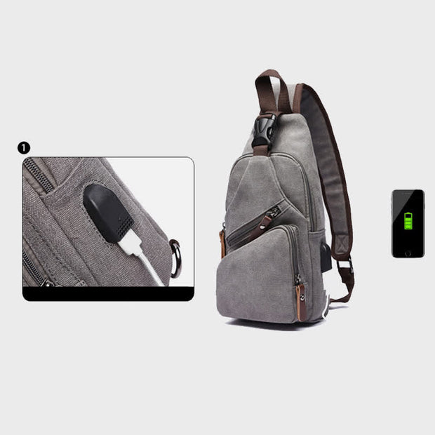 Canvas Sling Bag Crossbody Backpack Casual Rucksack with USB Charging Port