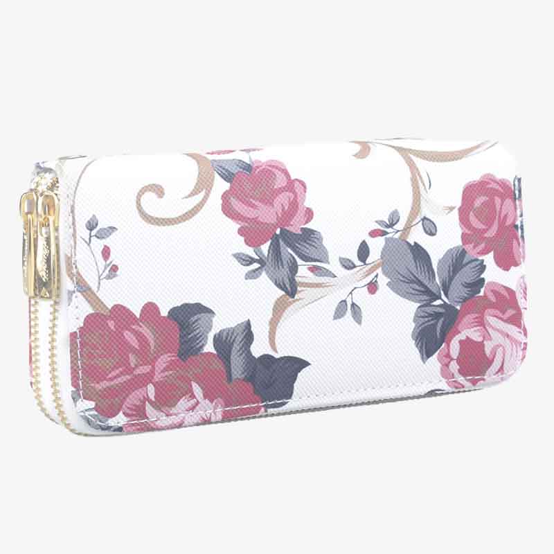 Long Floral Rose Clutch For Women Elegant Double Zipper Wallet