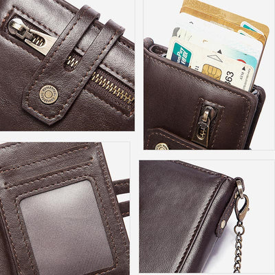 RFID Genuine Leather Business Short Wallet With Chain