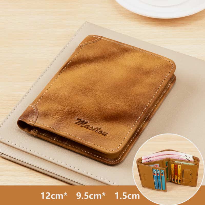 RFID Blocking Cowhide Leather Wallet Retro Roomy Front Pocket Wallet