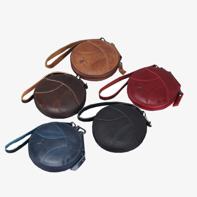 Round Coin Purse Retro Cute Leather Wallet Wrist Bag