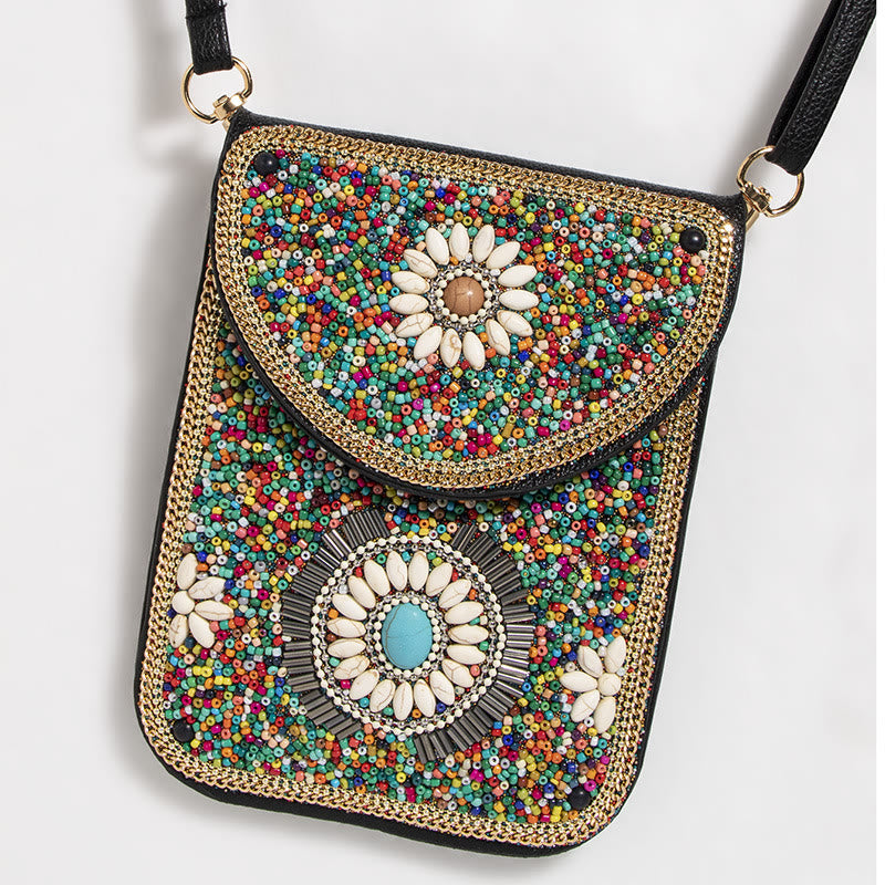 Bohemian Phone Bag Women Shell Flowers Pattern Magnetic Crossbody Bag