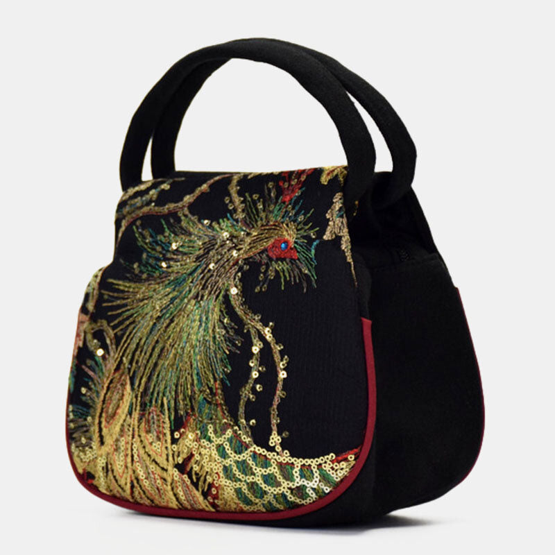 Ethnic Embroidered Sequined Canvas Phoenix Handbag