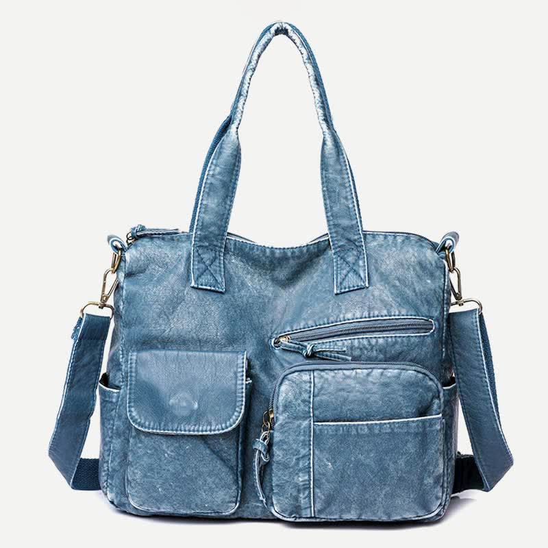 Denim Color Tote Handbags Big Capacity Faux Leather Shoulder Purse