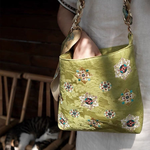 Embroidered Floral Handbag Women Bright Color Soft Underarm Bag