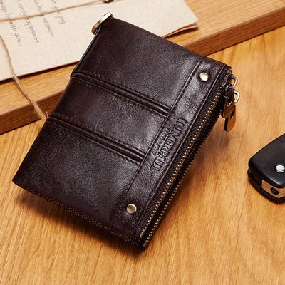 RFID Blocking Bifold Wallet Retro Cowhide Leather Wallet with Chain