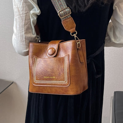 Women Wide Strap Bucket Bag solid Color Elegant Crossbody Bag