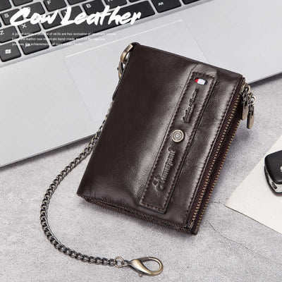 Mens Wallet with Chain Leather Bifold Wallet with Double Zipper Pocket