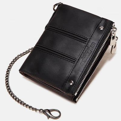 RFID Blocking Bifold Wallet Retro Cowhide Leather Wallet with Chain