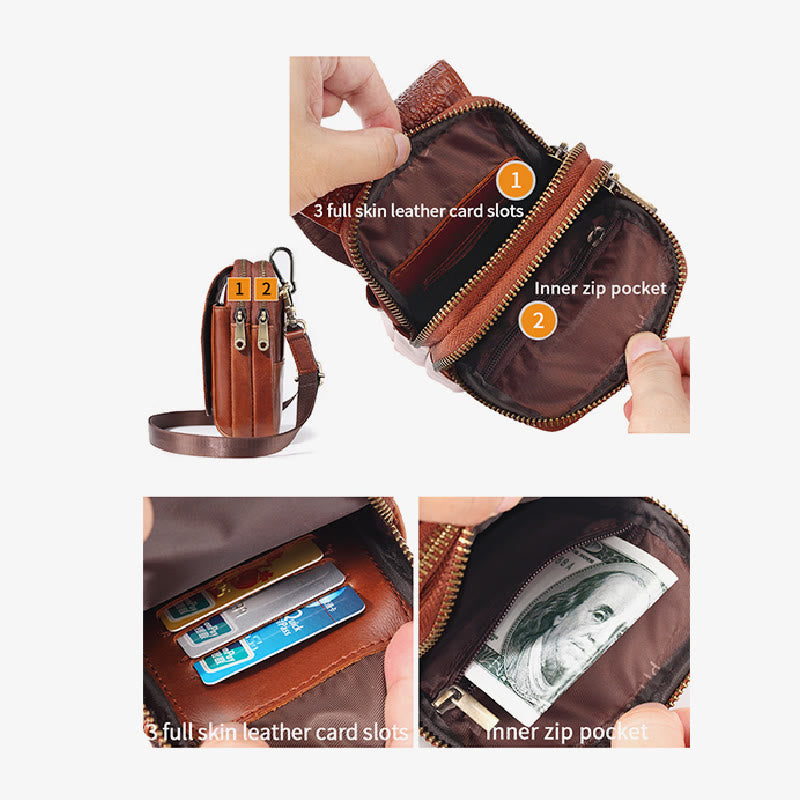 Mens Leather Phone Bag Durable Multifunction Wear Belt Waist Bag