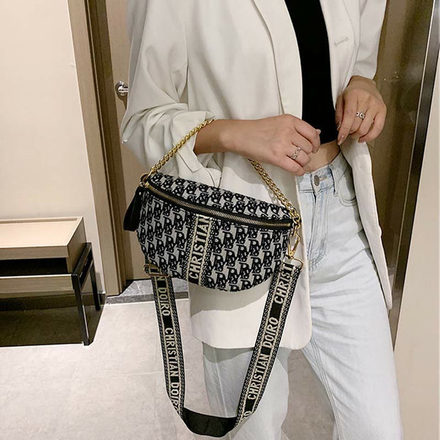 Womens Waist Bag Embossing Chain Strap Crossbody Shoulder Bag