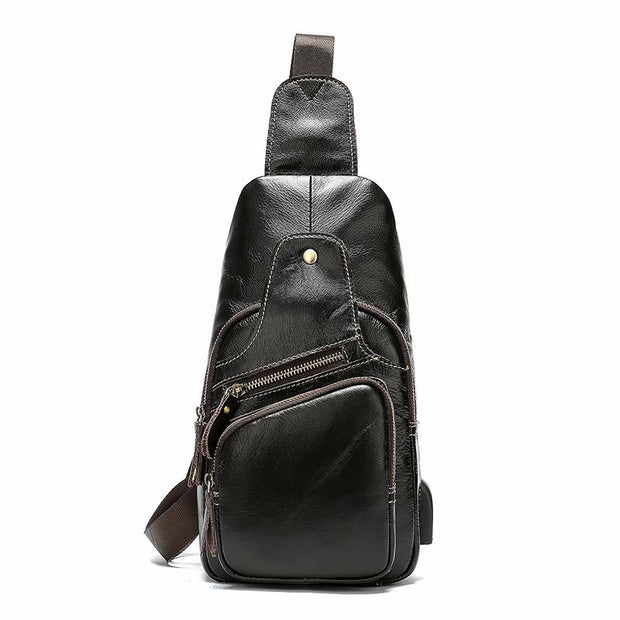 Leather Sling Bag Mens Chest Bag with USB Charging Port
