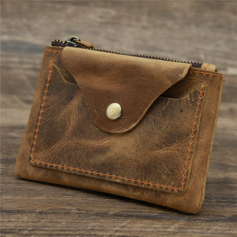 Small Leather Coin Purse Brown Ultra Thin Zipper Card Holder