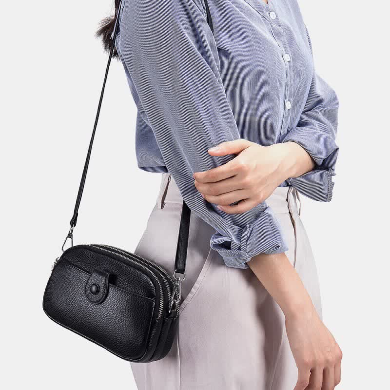 Triple Zip Real Leather Shoulder Bag Casual Crossbody Bag for Women