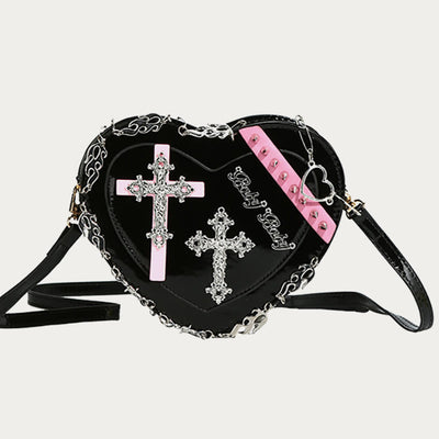 Gothic Heart Shape Purse Womens Cross Rivet Shoulder Bag