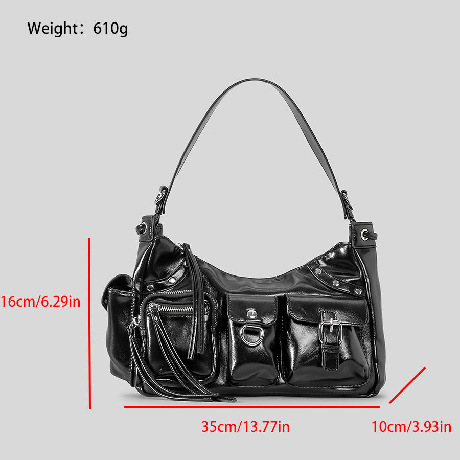 Glossy Leather Underarm Bag For Women Rivet Tassel Crossbody Bag