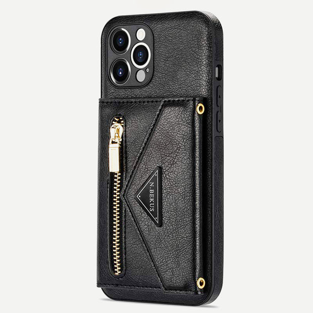 iPhone Wallet Case PU Protective Phone Bag Kickstand Cover Zipper Purse