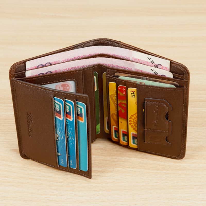 RFID Blocking Cowhide Leather Wallet Retro Roomy Front Pocket Wallet