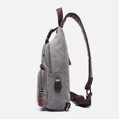 Canvas Sling Bag Crossbody Backpack Casual Rucksack with USB Charging Port