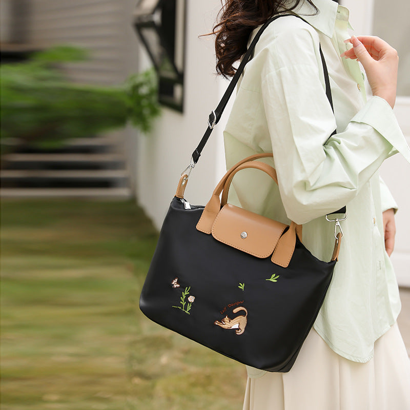 Classic Tote For Women Cute Embroideried Cat Nylon Crossbody Bag