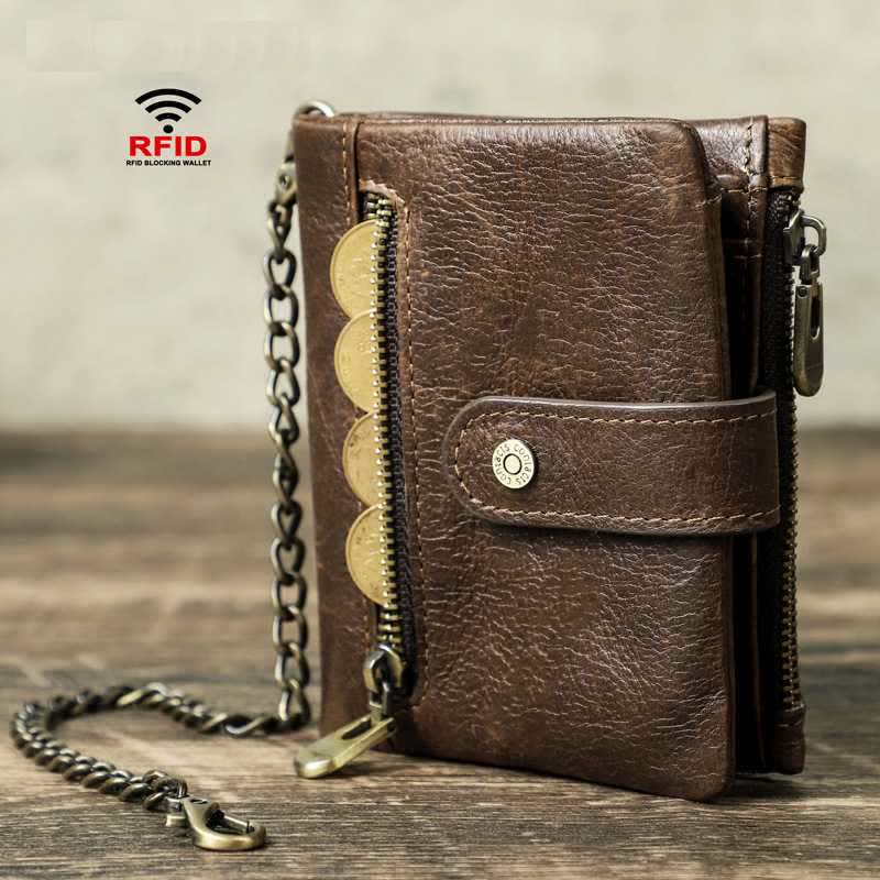 Men's Genuine Leather RFID Blocking Bifold Wallet with Anti-theft Chain