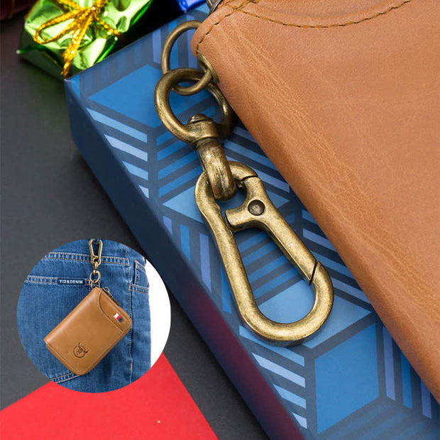 Leather Zip Around Wallet for Men RFID Blocking Card Holder with Keychain