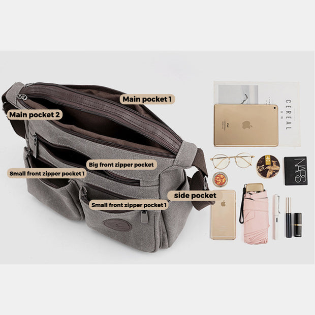 Multi-Pocket Large Capacity Canvas Messenger Bag For Women