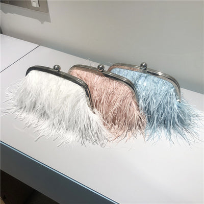 Pearl Chain Crossbody Bag For Women Ostrich Fur Handbag