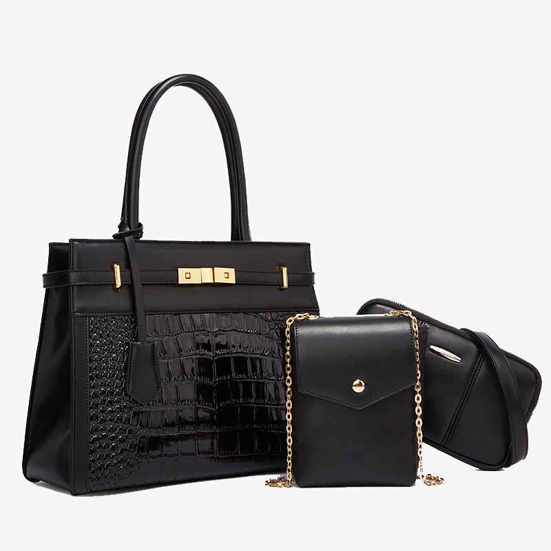 Chic Alligator Print Tote Solid Color Faux Leather Bag Set